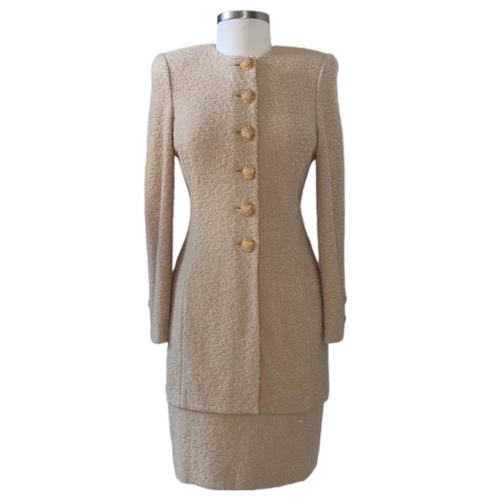 St. John Tan Boucle Knit Long Jacket and Skirt